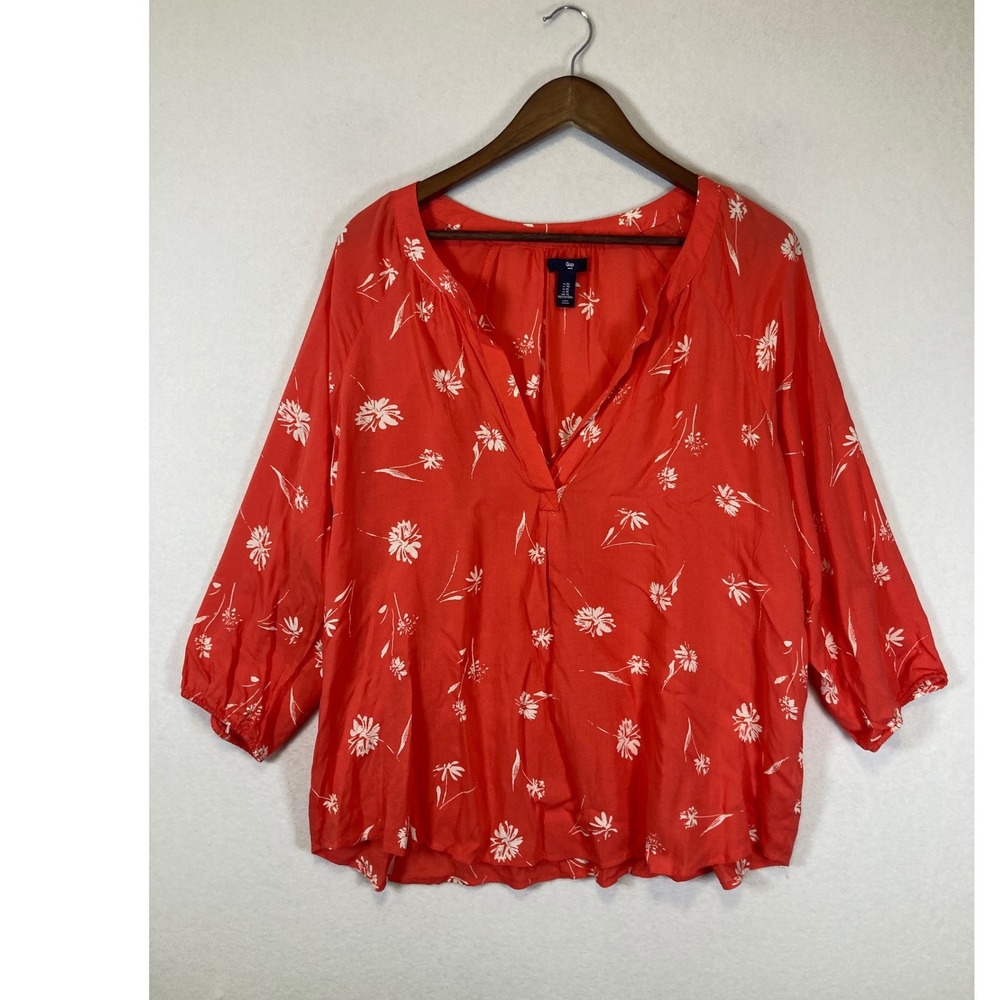 Bright‎ Breezy Floral Gap Women XL Orange Red Rayon Split Neck Peasant Blouse